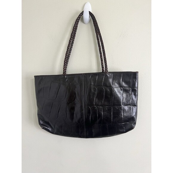 Falor Le Borse Purse Leather Brown 2 Woven 10" Handles Zip Made in Italy - Picture 4 of 13